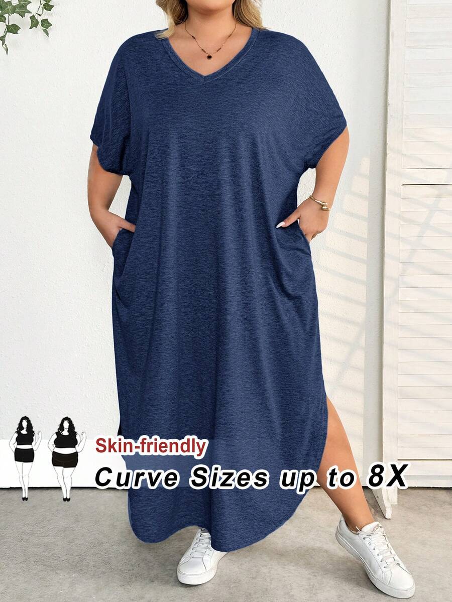 SHEIN CURVE+ 大码女装春夏新款时尚通勤休闲口袋设计分体睡袍 - 霧霾藍 - 查看 1