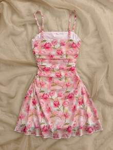 SHEIN 少女碎花荷叶边休闲度假吊带裙 - 粉色 - 查看 5