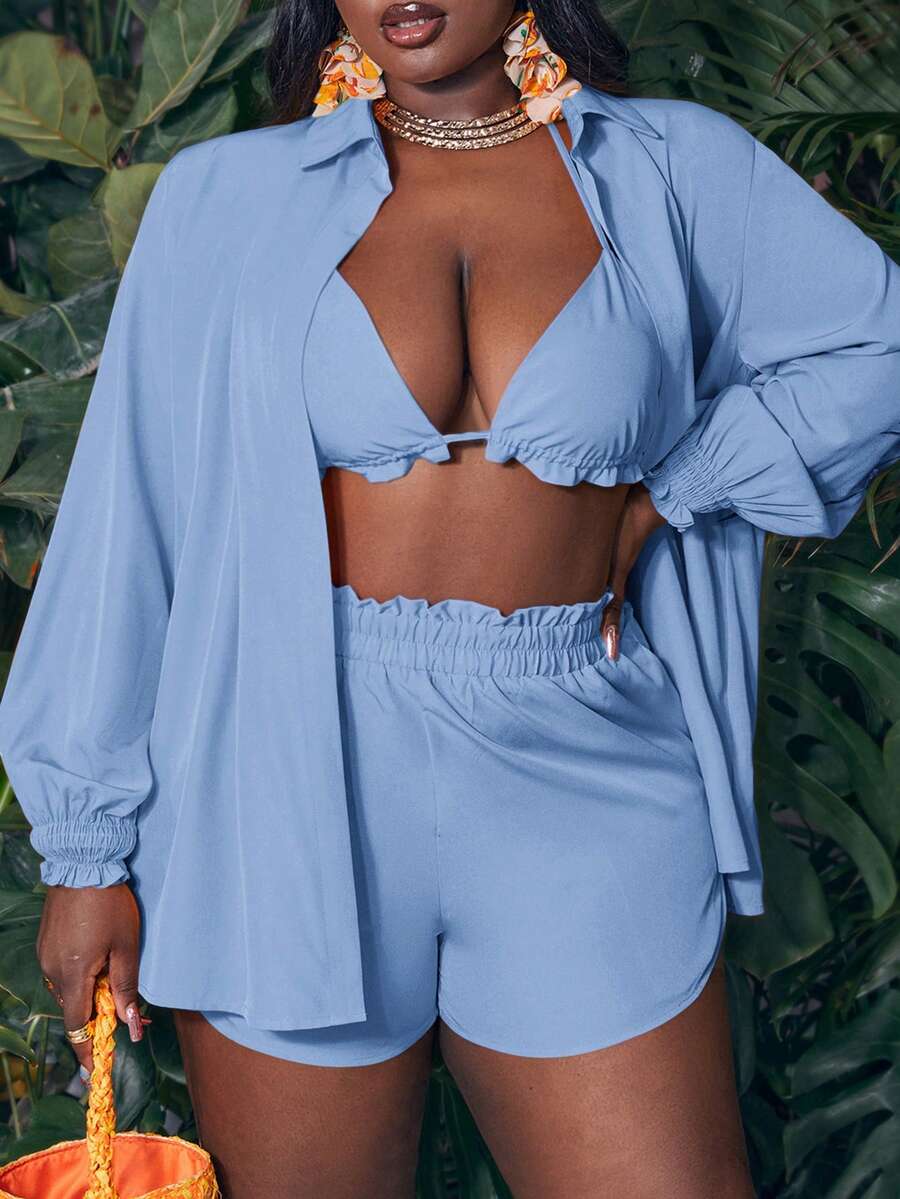 Slaydiva Plus Size 3 Pieces Vacation Casual Bikini Cover Up Set Beach Light Blue Autumn - Baby Blue - View 1