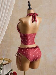 Swim Mod Women's 2-Piece Polka Dot Ruffle Trim Cropped Top And Tie-Waist Bikini Bottom Swimwear Set, Summer - Red - View 2
