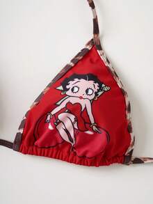 Betty Boop x SHEIN 女士豹纹卡通人物印花露背比基尼套装，配同款豹纹半身裙 - 紅色 - 查看 5