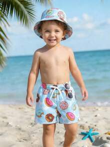 Toddler Boys' Swimwear, Cute Donut Print Velvet Beach Shorts And Sun Hat, Summer Holiday - Multicolor - View 7
