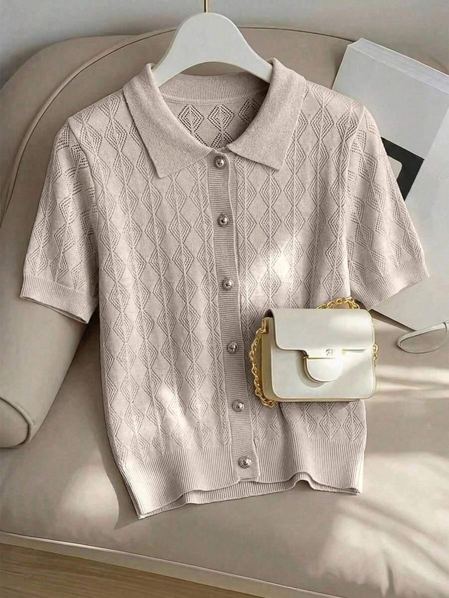 Franclia Women's Hollow Out Short Sleeve Single-Breasted Casual Knit Cardigan - Apricot - View 1