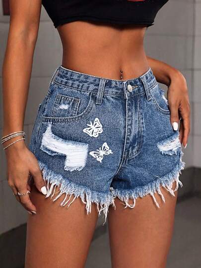 SHEIN ICON Quần short denim màu xanh đậm, họa tiết cây cọ, viền tua rua, dành cho nữ, mùa xuân/hè.