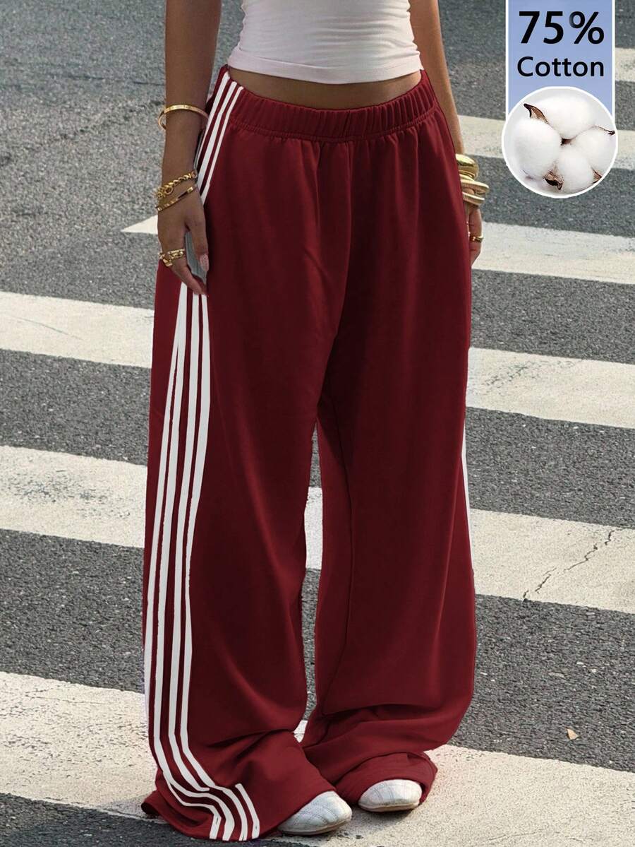 Muchica Pantalones de chándal de pierna ancha de punto de algodón color vino tinto para mujer - Burdeos - Ver 1