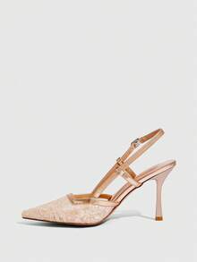 CUCCOO SZL Zapatos de tacón alto para mujer de unicolor con parches, decoración metálica, estilo casual simple, para primavera, vacaciones de primavera, Pascua, baile de graduación y Navidad - Red de hilo de bordar con champán - Ver 4