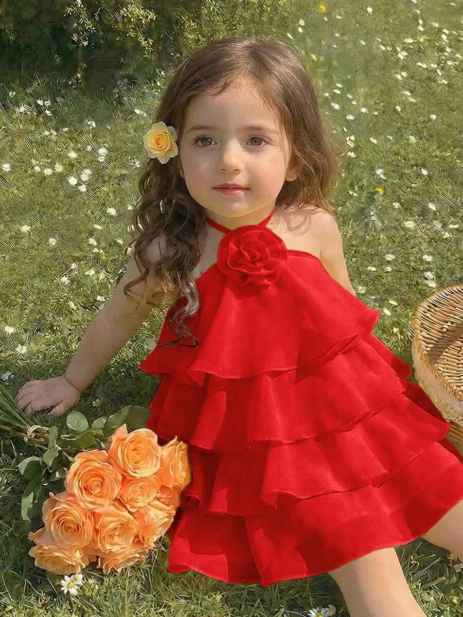 Babygirl Cute & Elegant Ruffle Floral Sleeveless Dress - Red - View 1