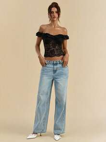 SHEIN BAE Ruffled Lace Sheer Blouse, Black Lace Blouse - Black - View 3