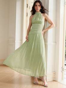 Anewsta 女士夏季圆领串珠链条褶皱腰部闪亮派对优雅度假连衣裙 - 綠色 - 查看 5