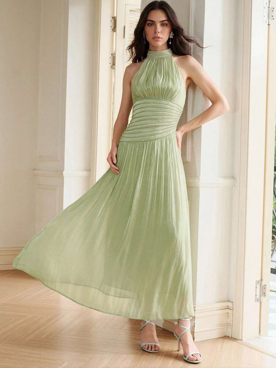 Anewsta 女士夏季圆领串珠链条褶皱腰部闪亮派对优雅度假连衣裙 - 綠色 - 查看 1