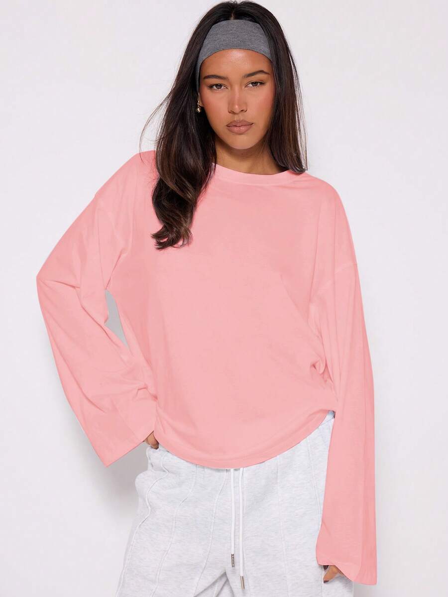 MUSERA 宽松长袖上衣，休闲胶囊衣橱日常超大款T恤，机场冬季优雅假日度假春夏装扮。 - 粉色 - 查看 1