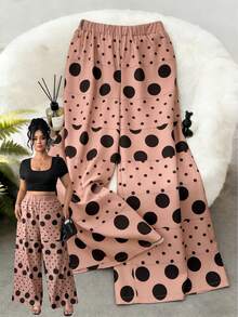 Elenzga Plus Size Women's Summer Brown Polka Dot Print Vintage Casual Ruched Patchwork Woven Pants, Suitable For Home, Leisure, Vacation, Commuting - Brown - View 3