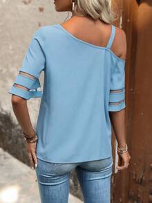 EMERY ROSE Asymmetrical Neckline Sheer Mesh Patchwork Shirt One Shoulder Top - Blue - View 2