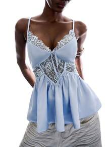 LYSMO Damen hellblau Sommer elegantes Kontrast Spitze Rüschen Saum Camisole Top, Minimalismus Frühling Date Night Festival Party Strand Urlaub Top, Y2K - Beige - Übersicht 7