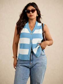 Elaquor Plus Size Sleeveless Knitted Sweater Vest, Fashionable For Summer,Business Casual Woman In Fall/Winter - Blue - View 6