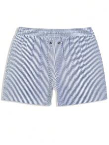 Manfinity Swimmode Men's Summer Beach Vacation Striped Print Drawstring Waist Slant Pocket Beach Shorts, Holiday - Royal Blue - View 8