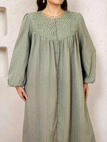 Veilorie Plus Size Women Elegant Solid Color Long Sleeve Arabic Style Dress - Green - View 4