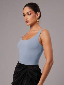 Silquee Women's Solid Color Round Neck Camisole Bodysuit - Baby Blue - View 4