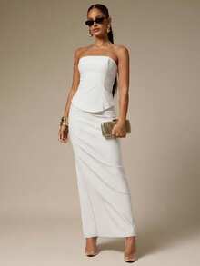 Silquee Women's Solid Color Minimalist Daily Wear Bandeau Top And Skirt 2-Piece Set - White - View 6