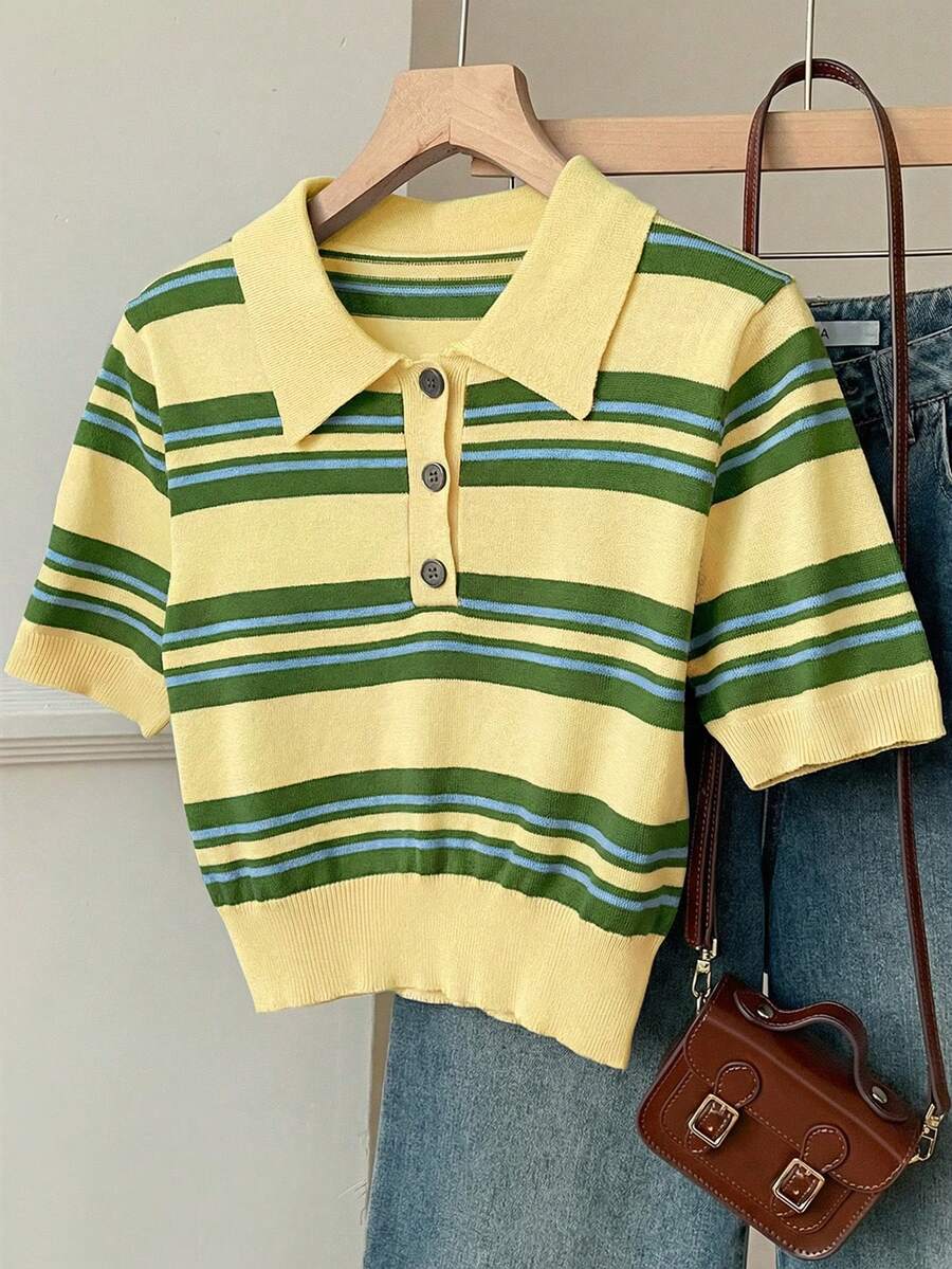 SHEIN EZwear Women's Button-Up Striped Short Sleeve Knit Top - Multicolor - View 1