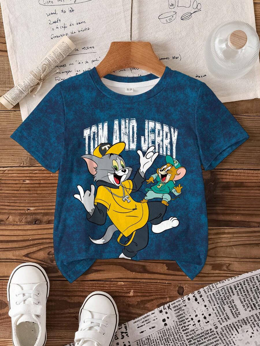 TOM & JERRY X SHEIN 男童休闲时尚街头日常通勤趣味卡通字母扎染印花短袖T恤，夏季 - 白色 - 查看 1