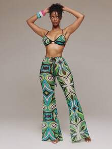 MUSERA Bộ đồ phối hợp gồm áo bra tam giác lưới in họa tiết và quần ống đứng, thích hợp cho mùa xuân hè, đi lễ hội Ibiza, nghỉ dưỡng, dễ thương, gợi cảm, phong cách Y2K, đi chơi đêm, câu lạc bộ, nhiệt đới, quyến rũ. - Nhiều màu - Xem 5