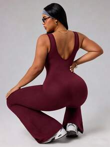 Rhythm Era Plus Size Women Minimalist Solid Color Backless Shapewear Breathable Comfortable Flared Jumpsuit - Purple - View 5