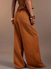 Hauture Pantalones largos de lino de pierna ancha y estilo casual sexy para mujer - Óxido marrón - Ver 5