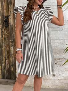 SHEIN VCAY Plus Size Casual Striped Pattern Flutter Sleeve Dress - Coffee Brown - View 4