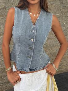 女士纯色V领无袖休闲牛仔衬衫，夏季 - 淺色水洗藍 - 查看 3