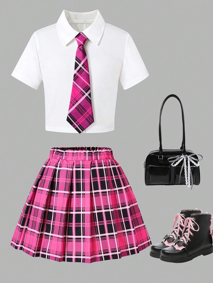 SHEIN ChillGRL Set de 2 piezas para niñas preadolescentes con camisa de diseño suelto y dulce con corbata y falda plisada con estampado a cuadros todo sobre, adecuado para uso diario, ir al trabajo, casual, vacaciones, reuniones con amigos - Rosa - Ver 1