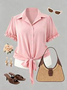Elenzga Plus Size Women Pink Blouse, Ruffled Collar, Cuffs, Hem With Tie Waist, Fashionable Casual Romantic Commute Everyday Versatile, Spring/Summer - Dusty Pink - View 2