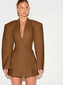 KIZN Đầm blazer nữ màu nâu sô cô la dáng ngắn, cổ chữ V sâu, tay dài, cài cúc phía trước, thích hợp cho các buổi tiệc tối trang trọng. - màu nâu - Xem 2