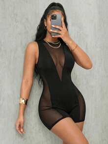 Eryvara Bộ áo liền quần không tay cổ tròn phối lưới dành cho nữ - màu đen - Xem 5