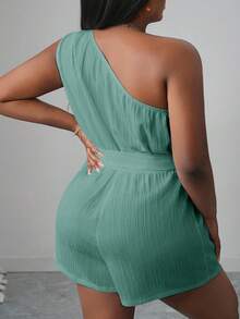 Slaydiva 2025新款女士夏季休闲连体裤，百搭款式，适合日常穿着、度假、邮轮旅行、海滩、日光浴等场合，单肩扭腰设计，质感面料，系带腰身，修身剪裁，白色 - 綠色 - 查看 2