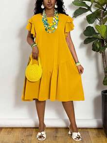 Slaydiva Plus Size Round Neck A-Line Knee-Length Ruffle Sleeve Romantic Hem Green Commuter Spring/Summer Light Vacation Dress - Yellow - View 4