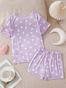 Ensemble 2 pièces Top à manches courtes et short violet, imprimé nuage et cœur, doux et confortable, style décontracté ample, pour l'été - Prune - Voir 2
