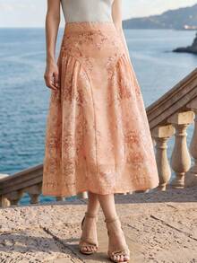 Anewsta 女士优雅数码印花喇叭裙 - 珊瑚橙 - 查看 4