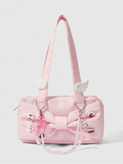 ROMWE Anime 1 pieza Bolso de hombro de mujer con decoración de lazo a lunares rosa, estilo Kawaii, dulce y lindo, Y2K, que les encanta a las chicas modernas; 1 pieza Bolso de mujer tipo tote con estampado de manzana personalizado, casual y sencillo, adecuado para el colegio, compras, viajes, etc.