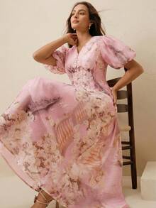 Anewsta Sommerkleider für Frauen, französischer Retro-Ölgemälde-Muster V-Ausschnitt Petal-Ärmel Perlknopf Taille A-Linie Midi-Kleid, elegantes rosa Kleid für Frauen - Pink - Übersicht 3