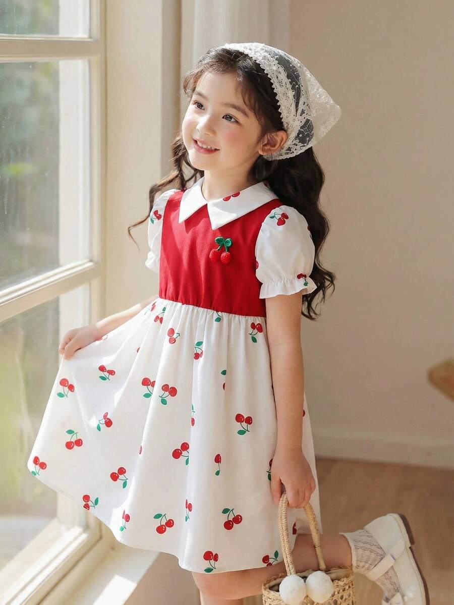 Đầm in họa tiết toàn thân, cổ áo dệt, tay áo cánh hoa dành cho bé gái - Đỏ - Xem 1