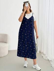 SHEIN Essnce Bộ đồ hai mảnh thời trang xuân/hè dành cho nữ cỡ lớn, kiểu dáng thoải mái, rộng rãi, cơ bản, đa năng, tôn dáng: Áo ngắn tay màu trắng và váy dài hai dây in hoa màu đen, trang phục mùa hè, phong cách đơn giản, trang phục sân bay, trang phục đi nghỉ mát. - Màu xanh hải quân - Xem 4