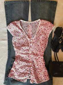 Áo thun cổ chữ V xếp nếp họa tiết hoa cổ điển dành cho nữ, phù hợp cho mùa hè - Màu Hồng baby - Xem 3