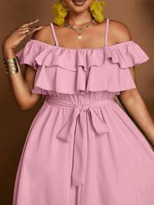 Maweii Plus Size Elegant Solid Color Ruffle Off-Shoulder Waist Tie Dress, Summer Holiday Dusty Pink - Pink - View 2