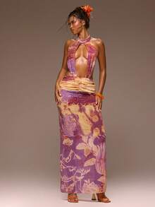 MUSERA Đầm maxi in họa tiết cổ cao, khoét eo, xếp ly, thích hợp cho mùa xuân hè, đi nghỉ mát, dạ hội, các dịp đặc biệt, bãi biển vàng. - Nhiều màu - Xem 1