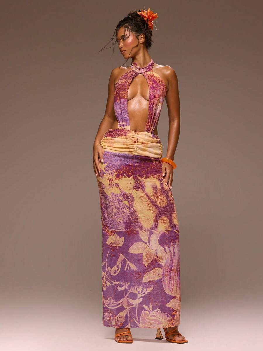 MUSERA Đầm maxi in họa tiết cổ cao, khoét eo, xếp ly, thích hợp cho mùa xuân hè, đi nghỉ mát, dạ hội, các dịp đặc biệt, bãi biển vàng. - Nhiều màu - Xem 1