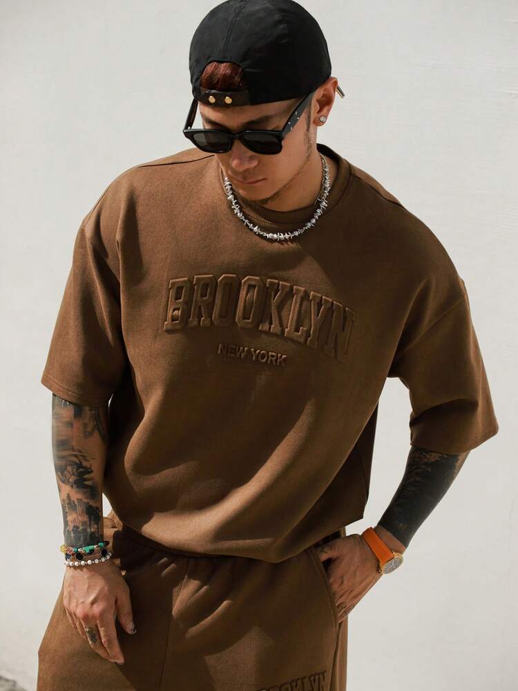 Summer Suede Fabric Short Sleeve T-Shirt And Shorts Set With 3D Letter Design For Men, Brown