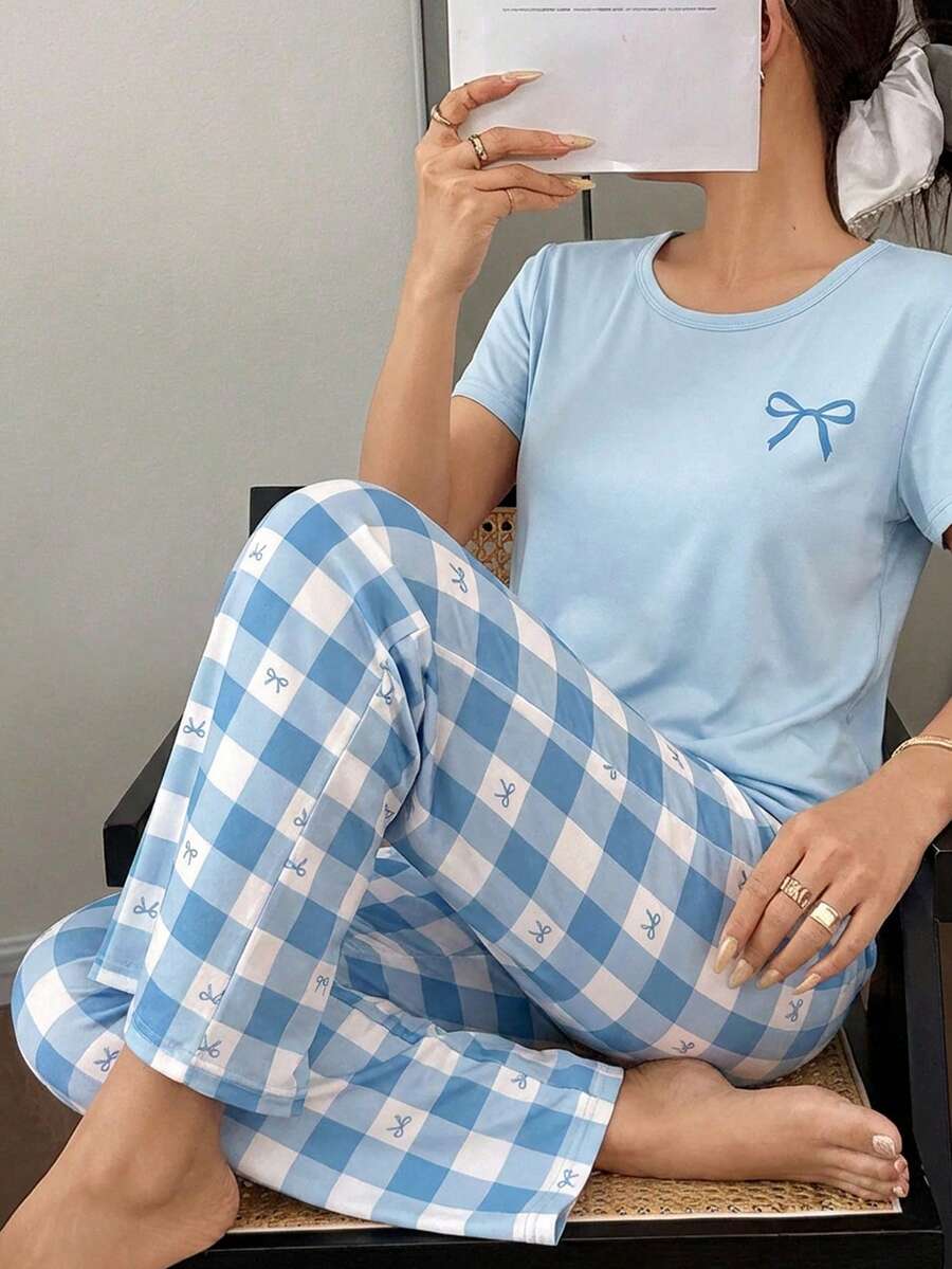 SHEIN 少女睡衣套装,蓝色蝴蝶结上衣搭配经典黑白格子蝴蝶结长裤,时尚优雅的短袖长裤睡衣 - 藍色 - 查看 1