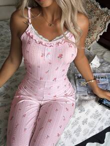CottageSlumber Floral Lace Patchwork Backless Design Women Pajama Jumpsuit - Pink - View 6