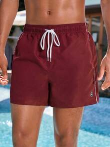 Manfinity VDAYZ Quần short đi biển nam có dây rút ở eo, thêu họa tiết. - Màu Đỏ Sâu - Xem 4